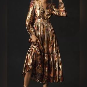 By Anthropologie Long-Sleeve V-Neck Metallic Midi Dress